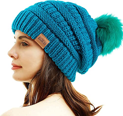 REDESS Damen Winter Pom Pom Beanie Mütze mit warmem Fleece gefüttert, Dicker Slouchy Snow Knit Chunky Baggy Skull Ski Cap von REDESS