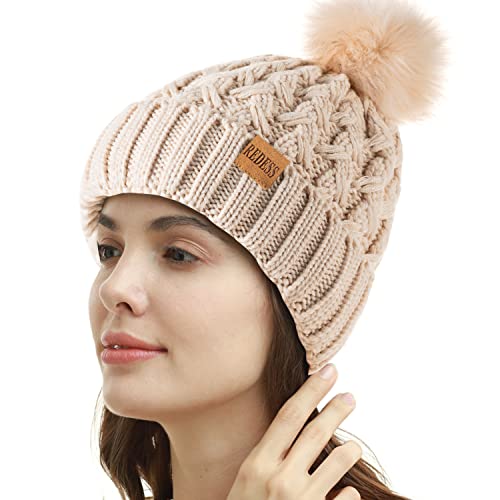 REDESS Damen Winter Pompom Beanie Mütze Fleece gefütterte warme Mützen, Dicke, lässige Schneestrickmütze für Damen von REDESS