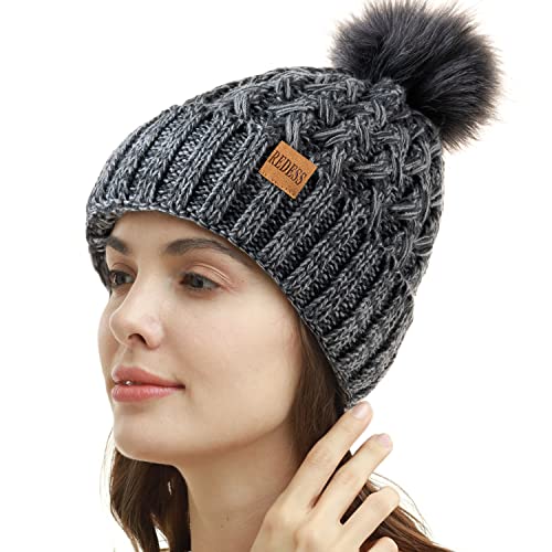 REDESS Damen Winter Pompom Beanie Mütze Fleece gefütterte warme Mützen, Dicke, lässige Schneestrickmütze für Damen von REDESS