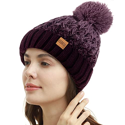 REDESS Damen Winter Pompom Beanie Mütze Fleece gefütterte warme Mützen, Dicke, lässige Schneestrickmütze für Damen von REDESS