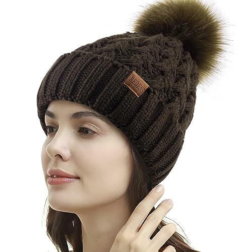 REDESS Damen Winter Pompom Beanie Mütze Fleece gefütterte warme Mützen, Dicke, lässige Schneestrickmütze für Damen von REDESS