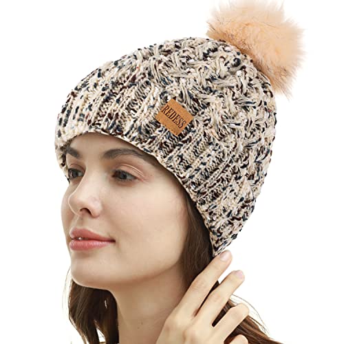 REDESS Damen Winter Pompom Beanie Mütze Fleece gefütterte warme Mützen, Dicke, lässige Schneestrickmütze für Damen von REDESS