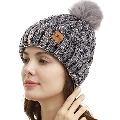 REDESS Damen Winter Pompom Beanie Mütze Fleece gefütterte warme Mützen, Dicke, lässige Schneestrickmütze für Damen von REDESS