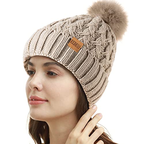 REDESS Damen Winter Pompom Beanie Mütze Fleece gefütterte warme Mützen, Dicke, lässige Schneestrickmütze für Damen von REDESS