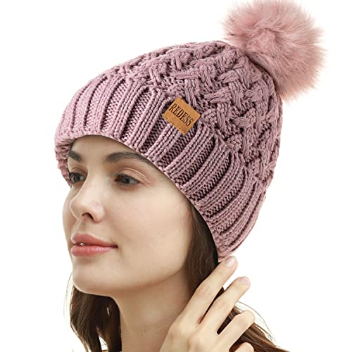 REDESS Damen Winter Pompom Beanie Mütze Fleece gefütterte warme Mützen, Dicke, lässige Schneestrickmütze für Damen von REDESS