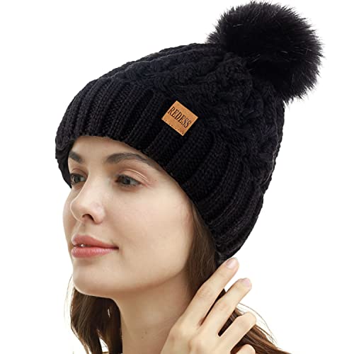 REDESS Damen Winter Pompom Beanie Mütze Fleece gefütterte warme Mützen, Dicke, lässige Schneestrickmütze für Damen von REDESS