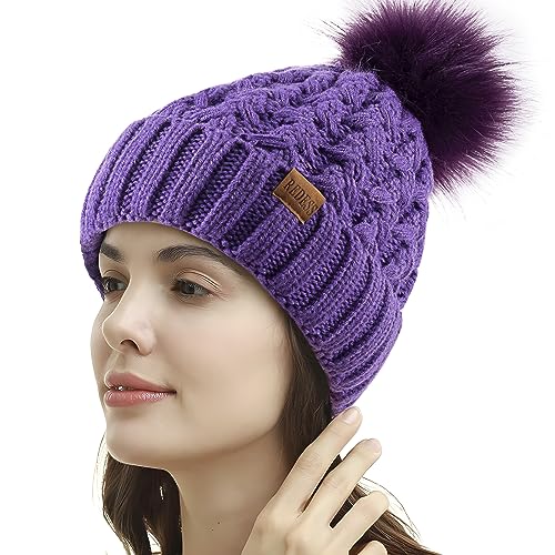 REDESS Damen Winter Pompom Beanie Mütze Fleece gefütterte warme Mützen, Dicke, lässige Schneestrickmütze für Damen von REDESS