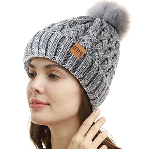 REDESS Damen Winter Pompom Beanie Mütze Fleece gefütterte warme Mützen, Dicke, lässige Schneestrickmütze für Damen von REDESS