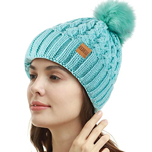 REDESS Damen Winter Pompom Beanie Mütze Fleece gefütterte warme Mützen, Dicke, lässige Schneestrickmütze für Damen von REDESS