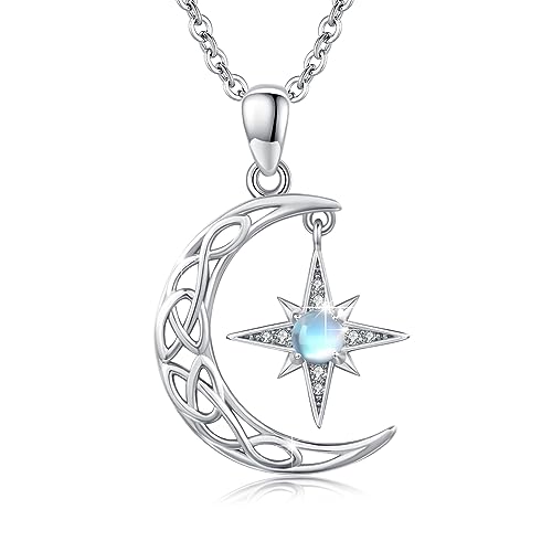 REDSUN Halbmond Halskette 925 Sterling Silber Keltischer Mondstein Anhänger Kette Regenbogen Stern Halskette Schmuck Geschenk für Frau Mädchen Kinder Frauen von REDSUN