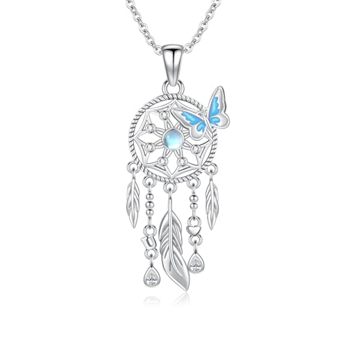 REDSUN Traumfänger Halskette für Frauen 925 Sterling Silber Böhmischen Dreamcatcher Feder Halskette Mondstein-Anhänger Traumfänger-Schmuck Geschenke für Frauen Teenager Mädchen von REDSUN