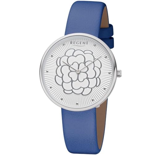 REGENT Damenuhr 36 MM mit Blüten Motiv Weiß/Blau BA-603 von REGENT