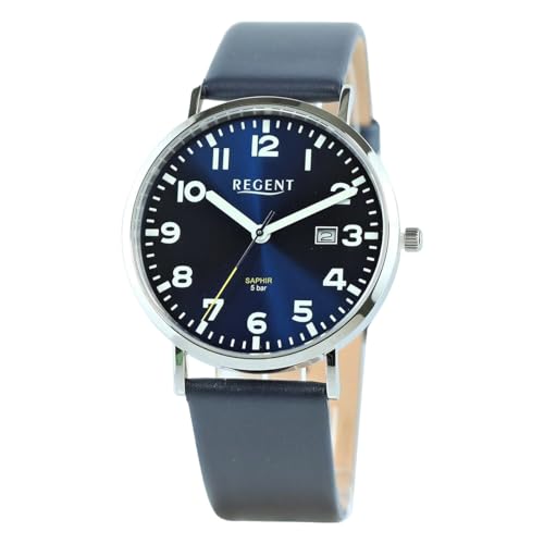 REGENT Herren Armbanduhr Analog Lederarmband blau UR1114076 Analoguhr von REGENT