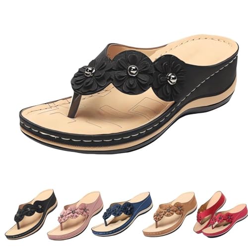 REINNAT Damen Orthopädische Fußgewölbeunterstützung Blumen Clip Toe Sandalen Orthopädische Fußgewölbeunterstützung Bequeme Sandalen Blumen Clip Toe Sandalen Bequeme Offene Zehen Keilsandalen, Schwarz von REINNAT