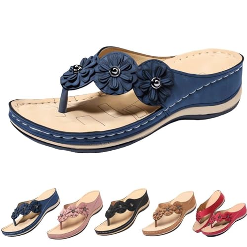 REINNAT Damen Orthopädische Fußgewölbeunterstützung Blumen Clip Toe Sandalen Orthopädische Fußgewölbeunterstützung Bequeme Sandalen Blumen Clip Toe Sandalen Bequeme Offene Zehen Keilsandalen, blau, 42 von REINNAT