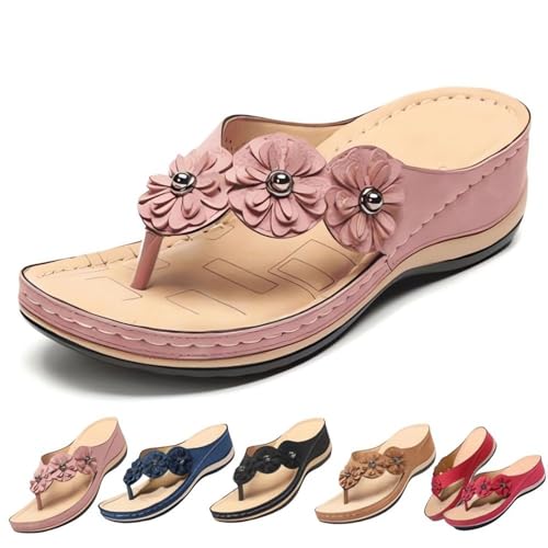 REINNAT Damen Orthopädische Fußgewölbeunterstützung Blumen Clip Toe Sandalen Orthopädische Fußgewölbeunterstützung Bequeme Sandalen Blumen Clip Toe Sandalen Bequeme Offene Zehen Keilsandalen, rose, von REINNAT