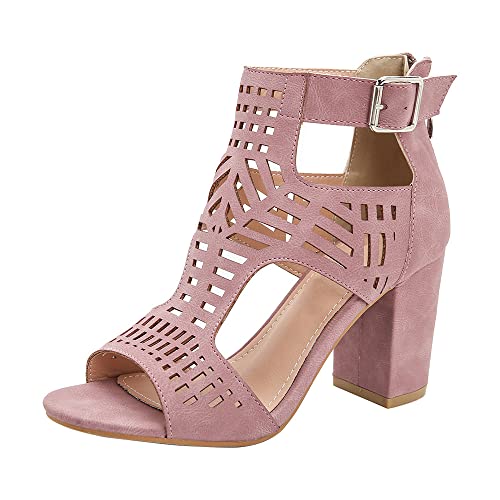 Chunky Heels für Frauen Peep Toe Blockabsatz Damen Sandalen Dressy Ausgehöhlt Schnalle Vintage bequeme Mode Schuhe Rosa 37 EU von REKALFO