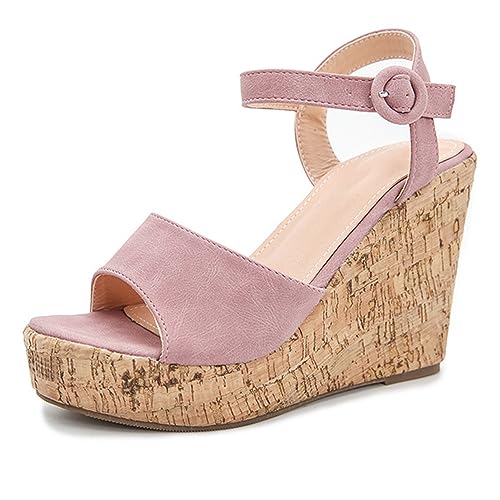 Espadrilles für Frauen Offene Zehe Schnalle Ausgehöhlt Vintage Atmungsaktive Bequeme Schuhe Sandalen Frauen Dressy Sommer Rosa 38 EU von REKALFO