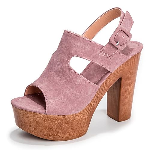 Knöchelriemen Riemchen-Absätze Schnalle Aushöhlung Peep Toe Retro Bequeme Mode Schuhe Dressy Sandalen für Frauen Rosa 38 EU von REKALFO