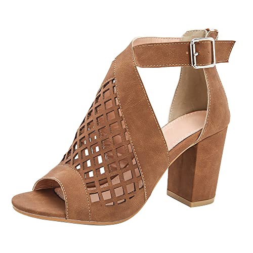 Peep Toe Absätze für Frauen Ausgehöhlt Schnalle Knöchelriemen Block High Heels Riemchensandalen Retro Casual Bequeme Schuhe Braun 36 EU von REKALFO