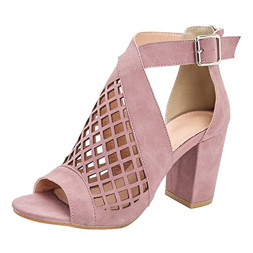 Peep Toe Absätze für Frauen Ausgehöhlt Schnalle Knöchelriemen Block High Heels Riemchensandalen Retro Casual Bequeme Schuhe Rosa 37 EU von REKALFO