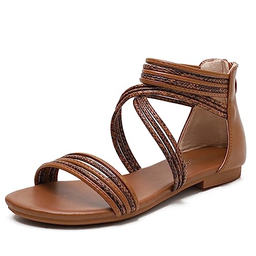 REKALFO Damen Sandalen Mode flach Knöchelriemen Sommer Strand Gladiator Schuhe Braun 39 EU von REKALFO