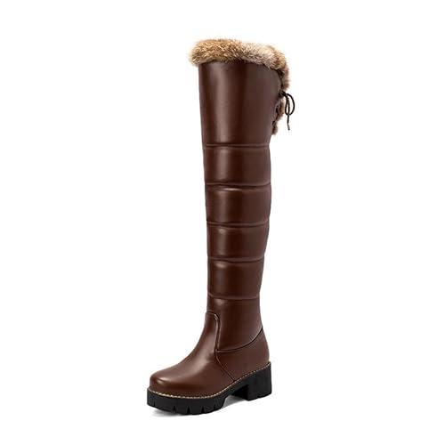 REKALFO Damen Schnee über dem Knie Stiefel mit Fell Hohe Schnür-Winterstiefel Braun 34 EU von REKALFO