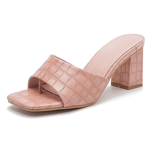 REKALFO Damen Slip On Schuhe Quadratische Zehe Sommer Absätze Block High Heel Mode Casual Niedlich Frauen Slide Sandalen Rosa 38 EU von REKALFO