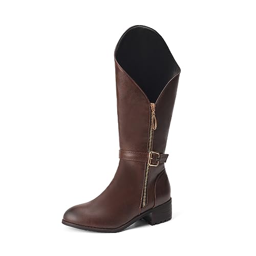 REKALFO Damen Western Stiefeletten Damen Elegante Seite Reißverschluss Flache Stiefel Kniehohe Stiefel Braun 44.5 EU von REKALFO