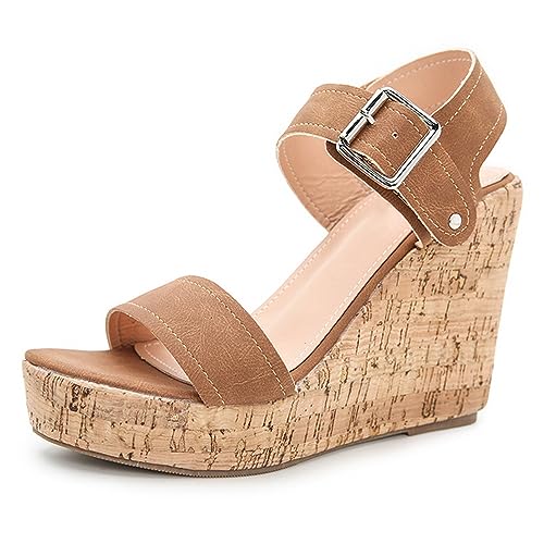 REKALFO Espadrilles Wedges Für Frauen Schnalle Offene Zehe Knöchelriemen Ausgehöhlt Retro Trendy Sandalen Sommerschuhe für Frauen Braun 37 EU von REKALFO