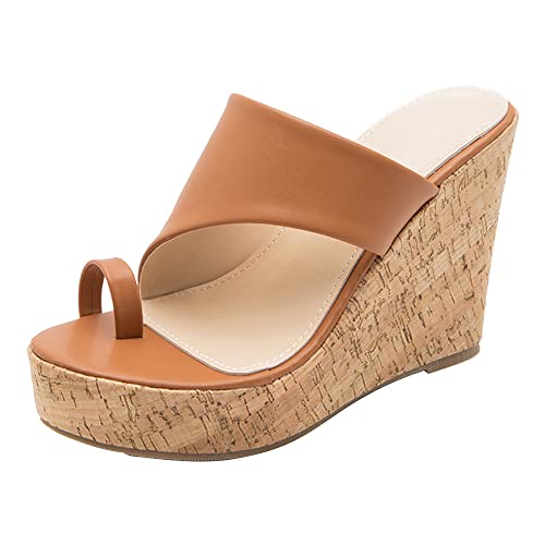 REKALFO Keilschuhe für Frauen Slip-On Ausgehöhlt Damen Sandalen Bequem Dressy Trendy Einzigartiges Design Niedlich Strand Heels Khaki 36 EU von REKALFO