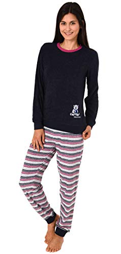 Damen Frottee Pyjama Schlafanzug Langarm mit Bündchen und süsser Bär-Applikation 20113777, Farbe:Navy, Größe2:48/50 von Normann