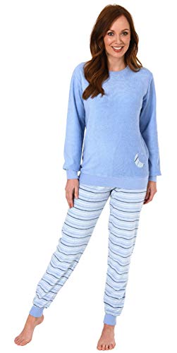 RELAX by Normann Damen Frottee Pyjama mit Bündchen - Hose gestreift, Top mit Mond und Stern Applikation, Farbe:hellblau, Größe2:48/50 von Normann