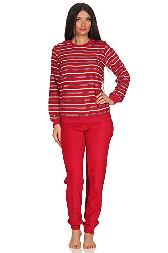 RELAX by Normann Kuscheliger Frottee Pyjama für Damen mit Bündchen und geringelten Oberteil - 291 13 772, Farbe:rot, Größe2:40/42 von RELAX by Normann