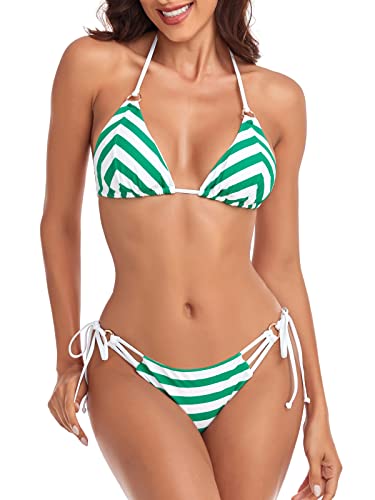 RELLECIGA Brasilianische Bikinis für Damen, mit Neckholder-String, dreieckiges Oberteil mit frecher Bikinihose, Grün gestreift, Medium von RELLECIGA