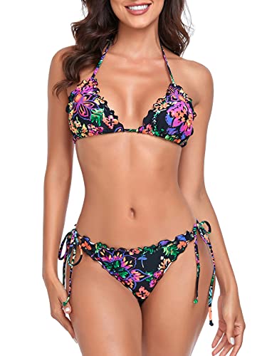 RELLECIGA Damen Bikini-Set, gewellt, dreieckig, brasilianische Bademode, Schwarz-Fuchsia-Blumenmuster, Medium von RELLECIGA