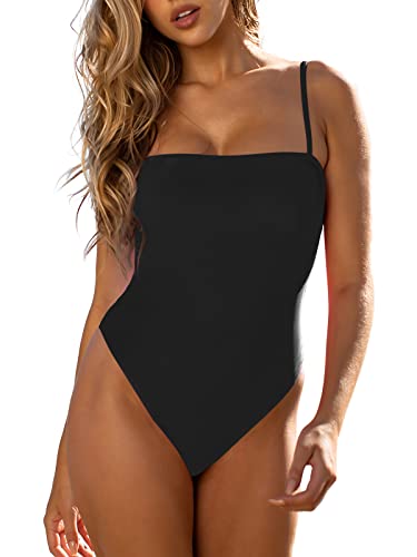 RELLECIGA Damen High Cut Bandeau Einteiler Badeanzüge mit verstellbaren Schultergurten, Schwarz, Medium von RELLECIGA