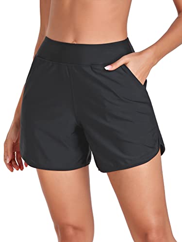 RELLECIGA Damen Hohe Taille Badeshorts mit Taschen UV Sonnenschutz Boardshorts für Frauen, Schwarz, XL von RELLECIGA