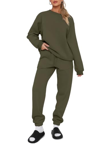 REORIA Damen Baumwolle Jogginganzug Rundhals Zweiteiler Übergröße Langarm Trainingsanzug Hausanzug Sport Set Lounge Set Mit Fleecefutter Dunkelgrün M REORIA Damen Baumwolle Jogginganzug Rundhals Zweiteiler Übergröße Langarm Trainingsanzug Hausanzug Sport Set Lounge Set Mit Fleecefutter Dunkelgrün M von REORIA