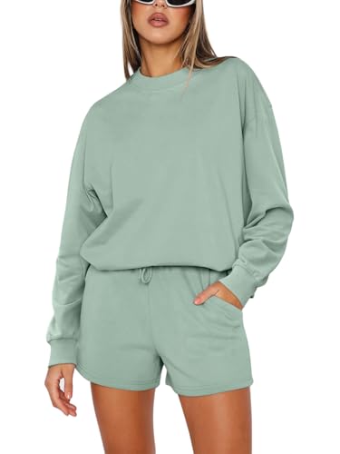 REORIA Damen Baumwolle Jogginganzug Rundhals Zweiteiler Übergröße Langarm Trainingsanzug Hausanzug Sport Set Sweatshirt und Shorts Lounge Set Grau Grün S REORIA Damen Baumwolle Jogginganzug Rundhals Zweiteiler Übergröße Langarm Trainingsanzug Hausanzug Sport Set Sweatshirt und Shorts Lounge Set Grau Grün S von REORIA