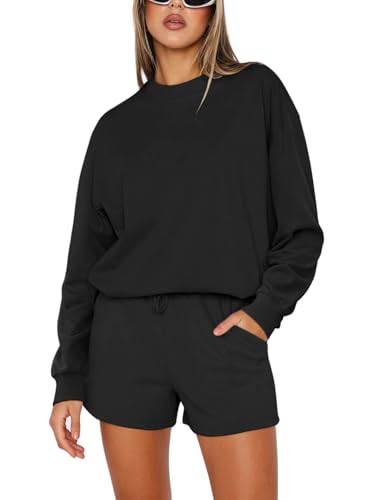 REORIA Damen Baumwolle Jogginganzug Rundhals Zweiteiler Übergröße Langarm Trainingsanzug Hausanzug Sport Set Sweatshirt und Shorts Lounge Set Schwarz S REORIA Damen Baumwolle Jogginganzug Rundhals Zweiteiler Übergröße Langarm Trainingsanzug Hausanzug Sport Set Sweatshirt und Shorts Lounge Set Schwarz S von REORIA