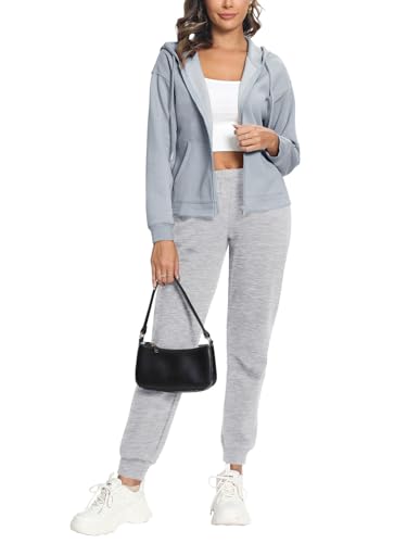 REORIA Damen Baumwolle Trainingsanzug Jogginganzug Kapuzenpullover mit Reißverschluss Hausanzug Freizeitanzug Activewear Sportanzug Outfit Set Mist Blue L von REORIA