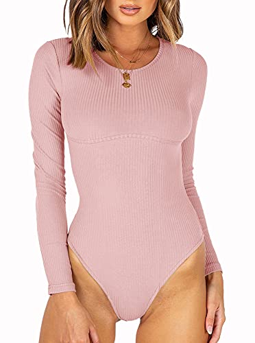 REORIA Damen Bodies Elegant Sexy Body Rundhalsausschnitt langarm gerippten Bodysuits Overalls Rosa M von REORIA