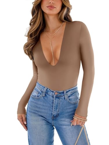 REORIA Damen Bodysuit sexy tiefer V Ausschnitt langärmelig einteilig Herbst Schlankheits T Shirt doppelt gefüttert Ausgehen T Shirt Latte Medium von REORIA