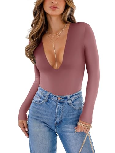 REORIA Damen Bodysuit sexy tiefer V Ausschnitt langärmelig einteilig Herbst Schlankheits T Shirt doppelt gefüttert Ausgehen T Shirt Masala Größe M von REORIA