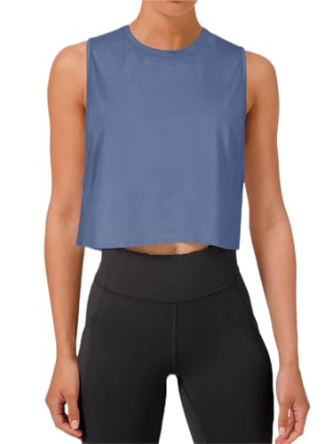 REORIA Damen Crop Tops Workout Tops Lose Ärmellose Cropped Muscle Tank Open Back Shirts Blau S von REORIA