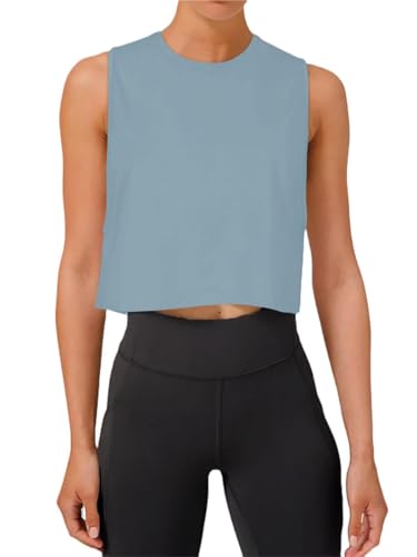 REORIA Damen Crop Tops Workout Tops Lose Ärmellose Cropped Muscle Tank Open Back Shirts Hellblau M von REORIA