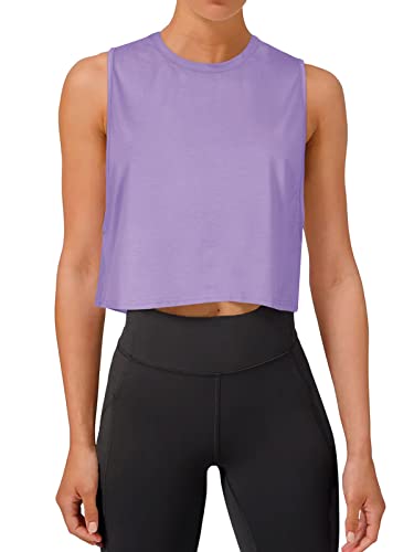 REORIA Damen Crop Tops Workout Tops Lose Ärmellose Cropped Muscle Tank Open Back Shirts Violett S von REORIA