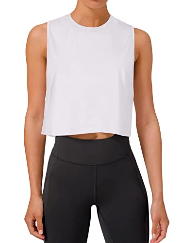 REORIA Damen Crop Tops Workout Tops Lose Ärmellose Cropped Muscle Tank Open Back Shirts Weiß M von REORIA