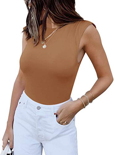 REORIA Damen Elegant Sexy Ärmellos Rundhals Polster Schulter Body Braun XXL von REORIA